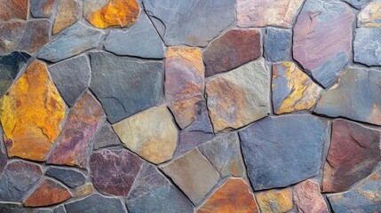Poster - Colorful textured stone wall with various shades of brown, gray, and orange. Natural stone pattern with Copy Space for text.