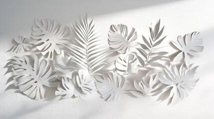 Poster - white paper cut leaves arranged on a white background with natural light and shadows copy space