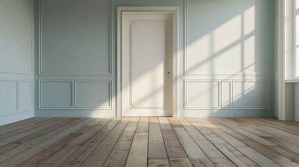 Aufkleber - A large room with a white door and white walls. The room is empty and has a very clean and simple look. AI generated.