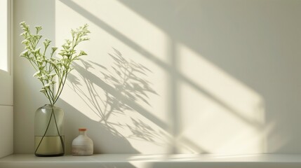 Aufkleber - A vase with flowers sits on a shelf next to a window. The sunlight casts a shadow on the wall, creating a warm and inviting atmosphere. AI generated.