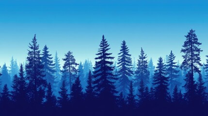 Poster - Blue silhouette of coniferous forest with gradient sky background and ample copy space for text placement