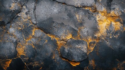 Poster - Textured dark gray and black cracked stone surface with golden highlights and visible rough edges Copy Space