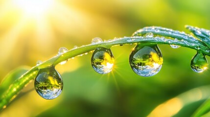 Poster - Fresh green grass blade with water droplets and sunlight in the background Copy Space