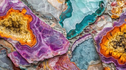 Poster - Colorful agate stone background texture with layered patterns and natural formations featuring purple, orange, green, and blue hues Copy Space