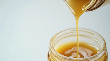 Poster - honey being poured from a jar into a glass container with a light background and copy space for text
