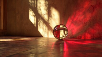 Poster - Glass sphere on textured floor with colorful shadows from window light creating a dramatic interior scene Copy Space