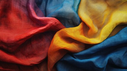 Poster - Colorful silk fabric draped in flowing folds with vibrant hues of red, orange, yellow, and blue Copy Space