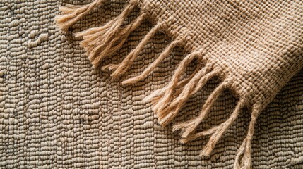 Poster - Textured woven fabric with fringed edge on neutral background Copy Space