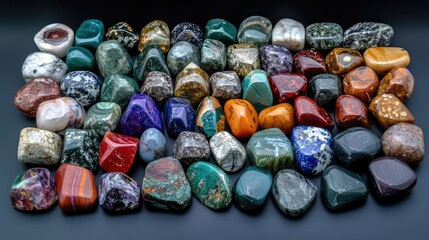 Poster - Colorful collection of polished gemstones and mineral specimens arranged neatly on a dark background with Copy Space available.