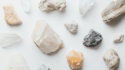 Poster - variety of natural stones and crystals arranged on a white background with copy space for text place