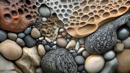 Poster - Textured collection of various stones and pebbles with unique surface patterns and colors including smooth and rough elements Copy Space