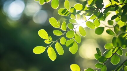 Poster - Green leaves illuminated by sunlight with soft bokeh background and copy space for text insertion