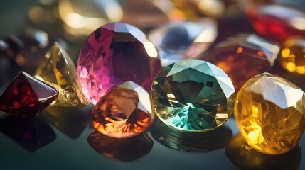 Poster - Colorful faceted gemstones arranged on a reflective surface with various shapes and sizes Copy Space