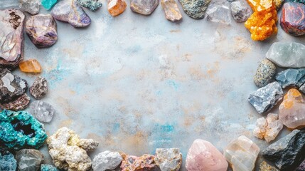 Poster - Colorful assortment of natural gemstones and crystals arranged around a textured surface with copy space for text.