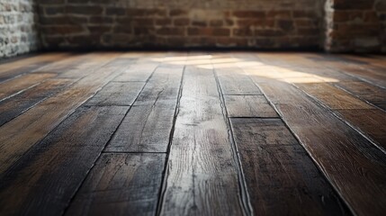 Poster - Wooden floor in vintage industrial interior with natural light coming through window Copy Space