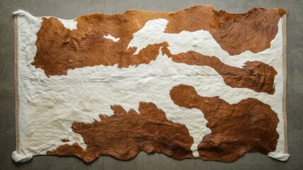 Poster - Cowhide rug with brown and white patterns on a concrete surface showcasing texture and details Copy Space