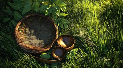 Poster - woven baskets and wooden bowls on green grass in natural light with copy space for text. rustic rura