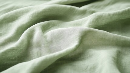 Poster - Close-up of soft light green textured fabric with gentle folds and drapery Copy Space for background design or textile presentations