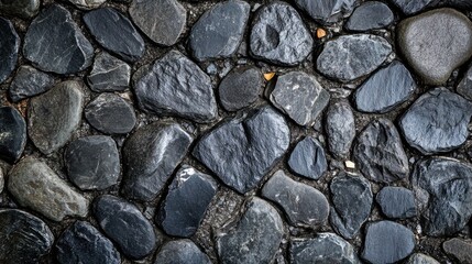 Poster - Textured black pebble stone pavement with varying shapes and sizes, suitable for background or surface design. Copy Space.