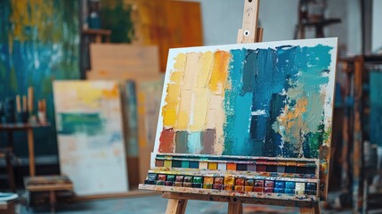 Poster - Color Palette on Easel in Art Studio with Background Paintings and Brushes on Shelves Copy Space