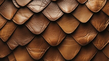 Poster - Brown leather textured background with overlapping scales, providing a detailed view of the pattern and material, Copy Space available.