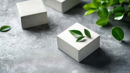 Poster - Minimalist packaging design with green leaves on a stone surface featuring copy space for branding or text placement.