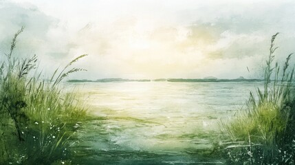 Poster - Soft watercolor landscape with gentle waves and grassy foreground under a cloudy sky at sunrise Copy Space