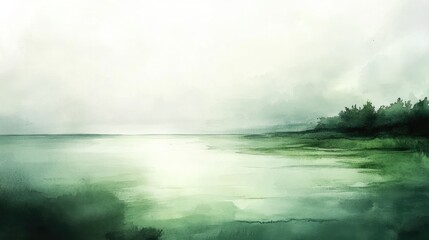 Poster - Calm water landscape with soft green tones and misty sky ideal for background design with Copy Space