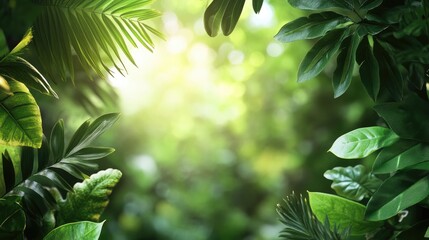 Poster - Lush green foliage with sunlight streaming through creating a natural frame and blurred background ideal for design with Copy Space
