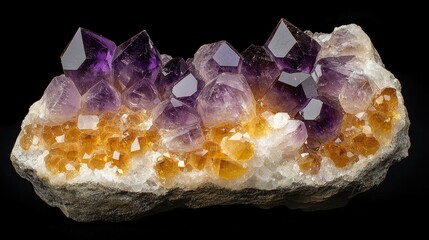 Poster - Amethyst and Citrine Quartz Crystal Cluster on Black Background with Copy Space