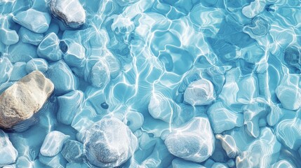 Poster - Clear turquoise water with smooth stones submerged underwater creating reflections and light patterns, high detail with copy space.