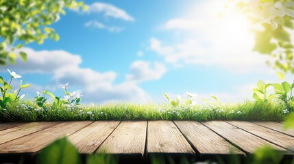 Poster - Lush green grass and wooden walkway under bright sunlight with blue sky and clouds Copy Space