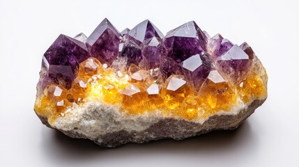 Poster - Amethyst and Citrine Crystal Cluster on White Background with Copy Space for Text or Design