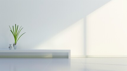 Aufkleber - A white room with a white bench and a plant on it. The room is empty and has a minimalist feel. AI generated.