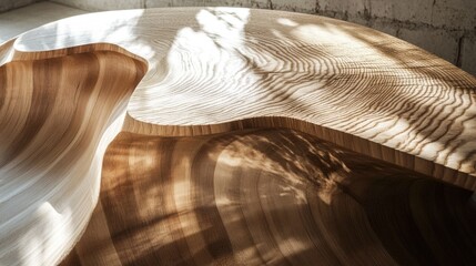 Poster - Artistic close-up of a unique wooden tabletop featuring intricate patterns and shadows with ample Copy Space for text placement.