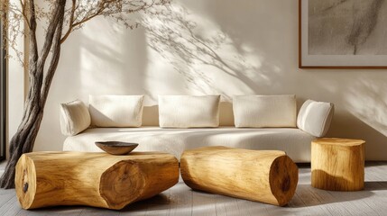 Poster - Modern living room interior featuring a minimalist beige sofa and natural wooden furniture elements illuminated by soft sunlight. Copy Space.