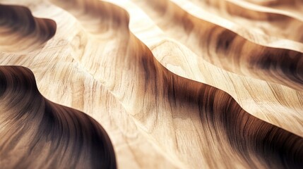 Poster - Textured wooden surface with wavy patterns and reflections in natural light, showcasing rich wood grain details, Copy Space available.
