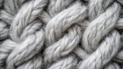 Poster - Textured close-up of gray and white knitted fabric with interwoven braids and strands showcasing softness and warmth Copy Space
