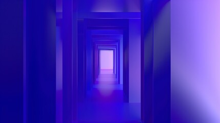 Poster - a long blue hallway with a doorway in the middle. the hallway is lit with blue lights. ai generated.