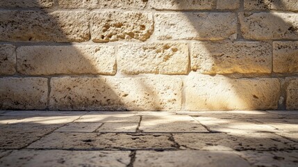 Poster - Stone wall with textured surface and shadows cast on the ground providing copy space for design applications