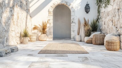 Poster - Stylish indoor space with archway and natural decor featuring plants, woven baskets, and neutral tones, ideal for interior design Copy Space