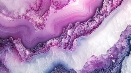 Poster - Abstract close-up of polished agate stone in shades of pink, purple, and white with textured patterns and layers Copy Space