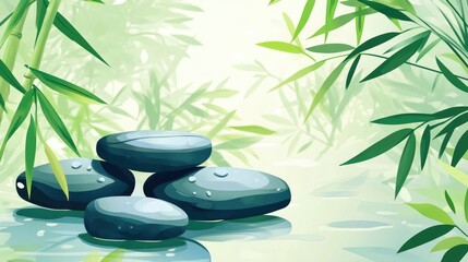 Poster - Bamboo leaves and smooth stones in serene water setting with reflective surface and natural light Copy Space