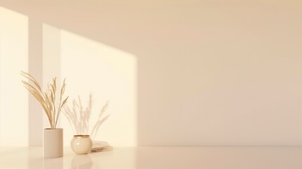 Aufkleber - A white vase with a few dried flowers sits on a table in front of a white wall. The vase and flowers create a sense of calm and serenity in the room. AI generated.