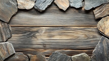 Poster - Textured background featuring natural stone framing wooden surface with space for text Copy Space