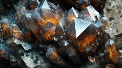 Poster - Large cluster of quartz crystal formations with dark smoky hues and highlights of orange illuminated from within showing intricate textures Copy Space