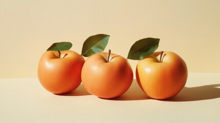 Poster - Three fresh oranges with green leaves against a soft yellow background showcasing vibrant colors and textures with copy space available.