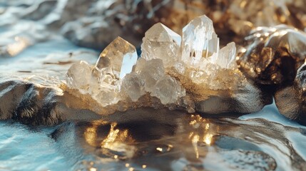 Poster - Close-up of clear quartz crystals on reflective metallic surface with soft lighting and detailed textures Copy Space