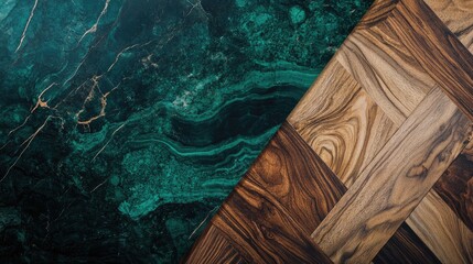 Poster - Textured green marble and wooden parquet flooring with a diagonal separation showcasing contrasting materials and colors Copy Space