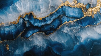 Poster - abstract close-up of blue agate stone with golden veins and natural patterns suitable for background
